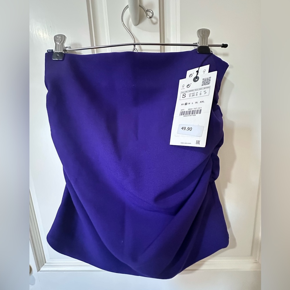 Zara Bold Purple Strapless Draped Top - Picture 4 of 16